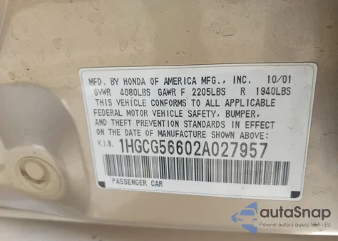 2002 Honda Accord 2.3 Ex z USA, uszkodzony, nr VIN 1HGCG56602A027957